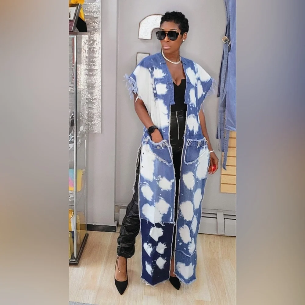Denim acid wash maxi vest with chain detail - Picture 4 of 5
